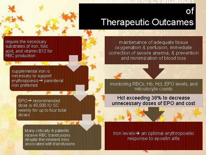 Treatment and Evaluation of Therapeutic Outcames require the necessary substrates of iron, folic acid,