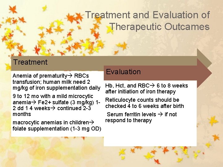 Treatment and Evaluation of Therapeutic Outcames Treatment Anemia of prematurity RBCs transfusion; human milk