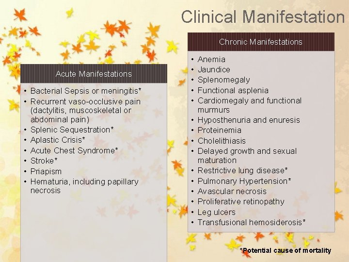 Clinical Manifestation Chronic Manifestations Acute Manifestations • Bacterial Sepsis or meningitis* • Recurrent vaso-occlusive