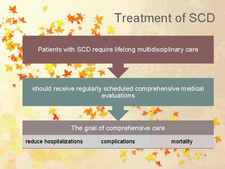 Treatment of SCD Patients with SCD require lifelong multidisciplinary care should receive regularly scheduled