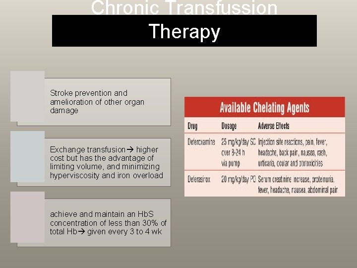 Chronic Transfussion Therapy Stroke prevention and amelioration of other organ damage Exchange transfusion higher