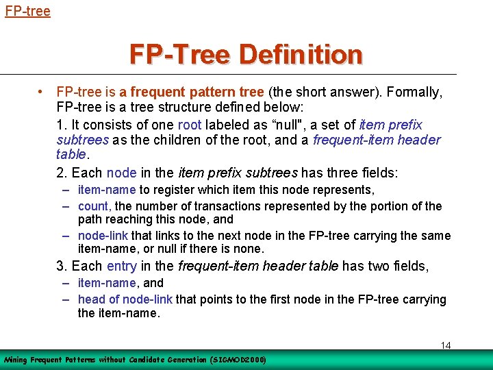 FP-tree FP-Tree Definition • FP-tree is a frequent pattern tree (the short answer). Formally,