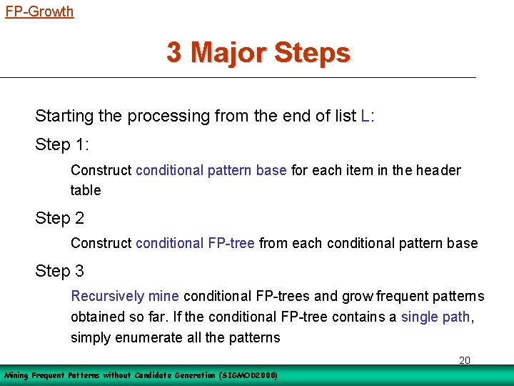 FP-Growth 3 Major Steps Starting the processing from the end of list L: Step