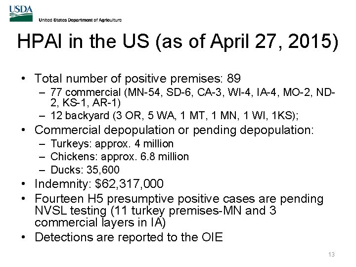 HPAI in the US (as of April 27, 2015) • Total number of positive