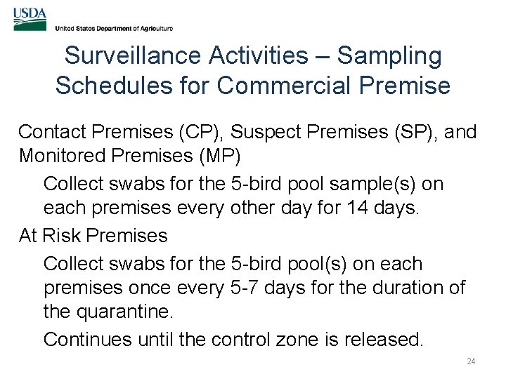 Surveillance Activities – Sampling Schedules for Commercial Premise Contact Premises (CP), Suspect Premises (SP),