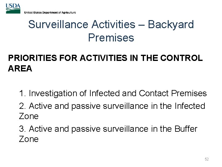 Surveillance Activities – Backyard Premises PRIORITIES FOR ACTIVITIES IN THE CONTROL AREA 1. Investigation