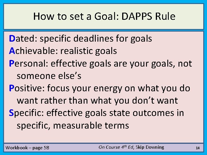 How to set a Goal: DAPPS Rule Dated: specific deadlines for goals Achievable: realistic