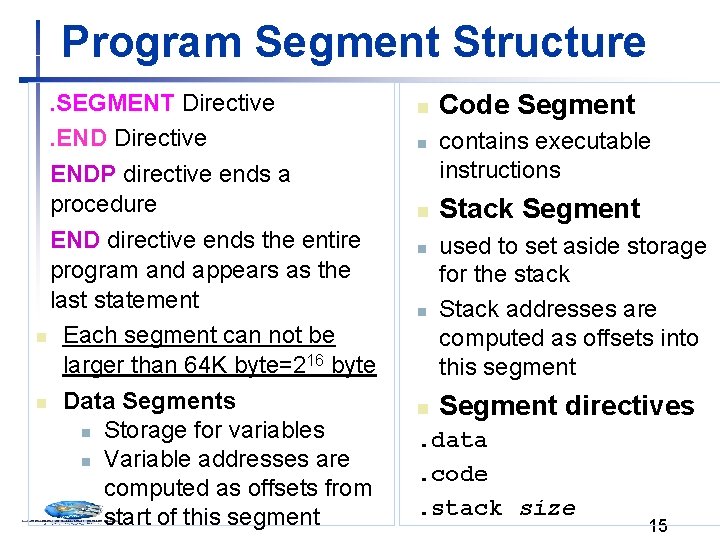 Program Segment Structure. SEGMENT Directive. END Directive ENDP directive ends a procedure END directive