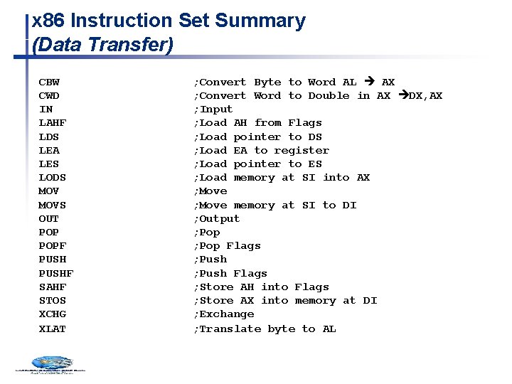 x 86 Instruction Set Summary (Data Transfer) CBW CWD IN LAHF LDS LEA LES