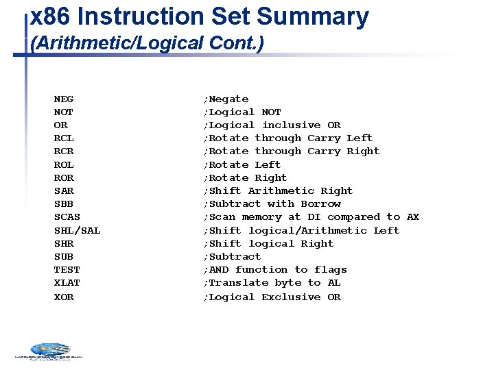 x 86 Instruction Set Summary (Arithmetic/Logical Cont. ) NEG NOT OR RCL RCR ROL