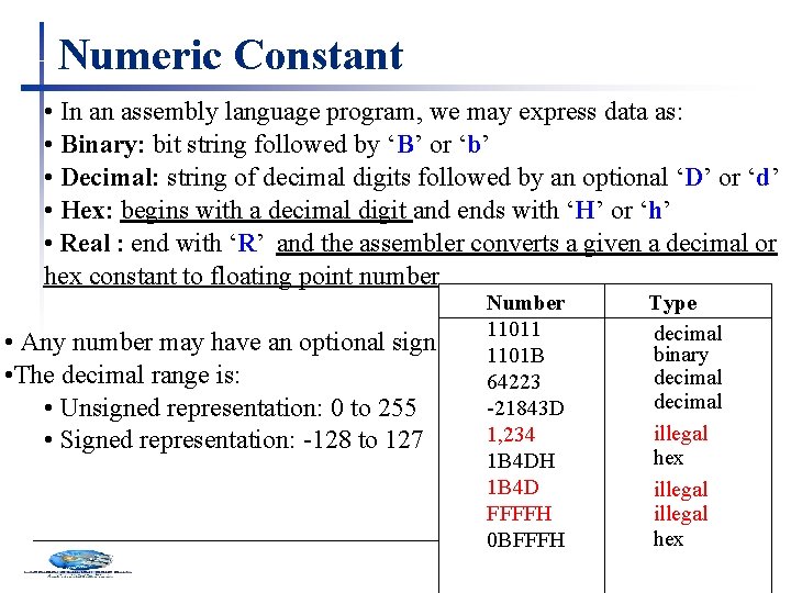 Numeric Constant • In an assembly language program, we may express data as: •