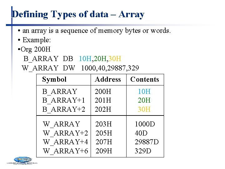 Defining Types of data – Array • an array is a sequence of memory