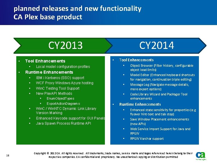 planned releases and new functionality CA Plex base product CY 2013 • Tool Enhancements