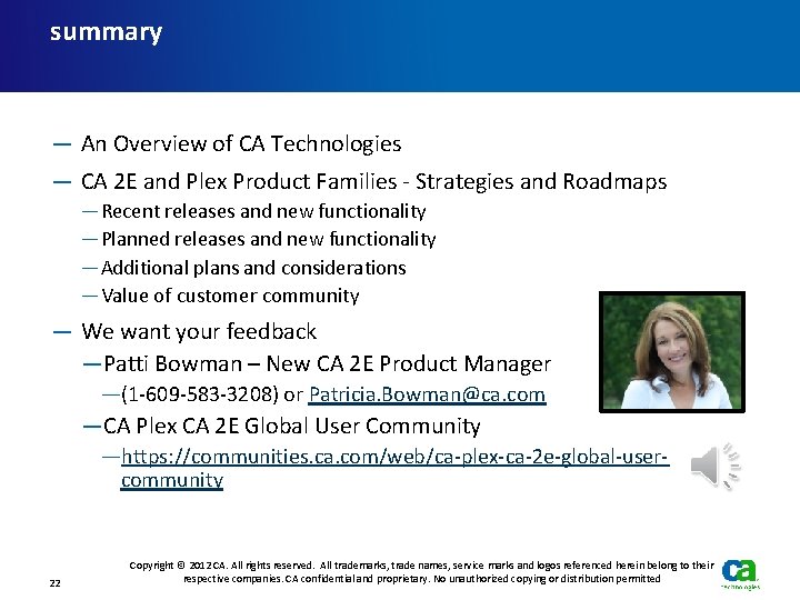 summary — An Overview of CA Technologies — CA 2 E and Plex Product