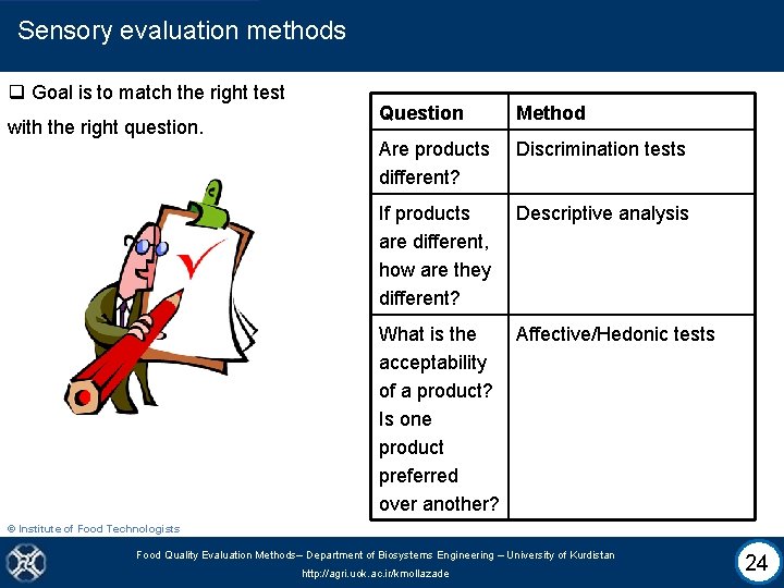 Sensory evaluation methods q Goal is to match the right test with the right
