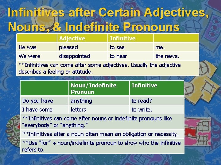 Infinitives after Certain Adjectives, Nouns, & Indefinite Pronouns Adjective Infinitive He was pleased to