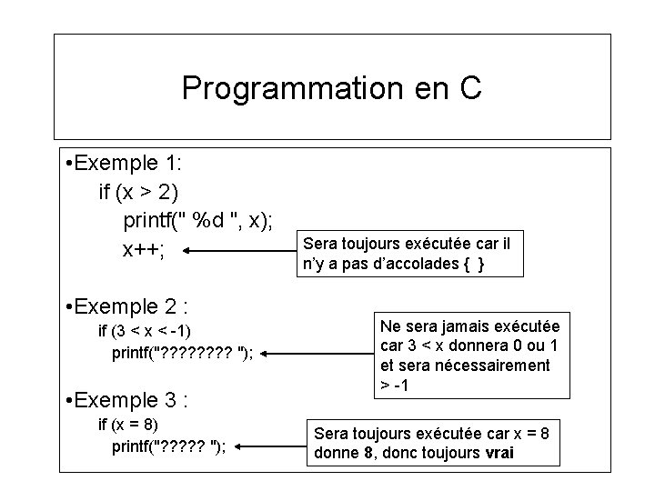 Programmation en C • Exemple 1: if (x > 2) printf(" %d ", x);