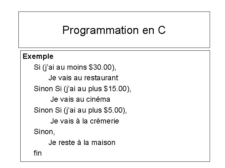 Programmation en C Exemple Si (j’ai au moins $30. 00), Je vais au restaurant