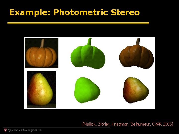 Example: Photometric Stereo [Mallick, Zickler, Kriegman, Belhumeur, CVPR 2005] Appearance Decomposition 