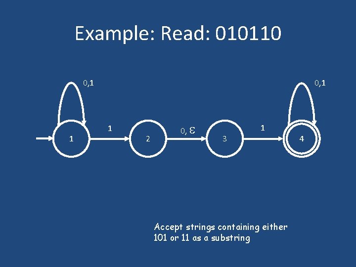 Example: Read: 010110 0, 1 1 2 0, 1 3 Accept strings containing either Example: Read: 010110 0, 1 1 2 0, 1 3 Accept strings containing either