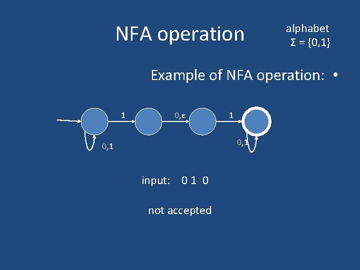 NFA operation alphabet Σ = {0, 1} Example of NFA operation: • 1 0, NFA operation alphabet Σ = {0, 1} Example of NFA operation: • 1 0,