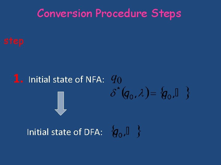 Conversion Procedure Steps step 1. Initial state of NFA: Initial state of DFA: Conversion Procedure Steps step 1. Initial state of NFA: Initial state of DFA:
