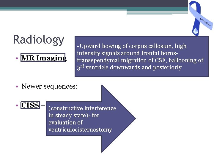 Radiology • MR Imaging -Upward bowing of corpus callosum, high intensity signals around frontal