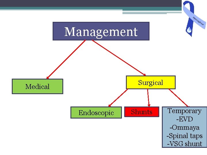 Management Surgical Medical Endoscopic Shunts Temporary -EVD -Ommaya -Spinal taps -VSG shunt 