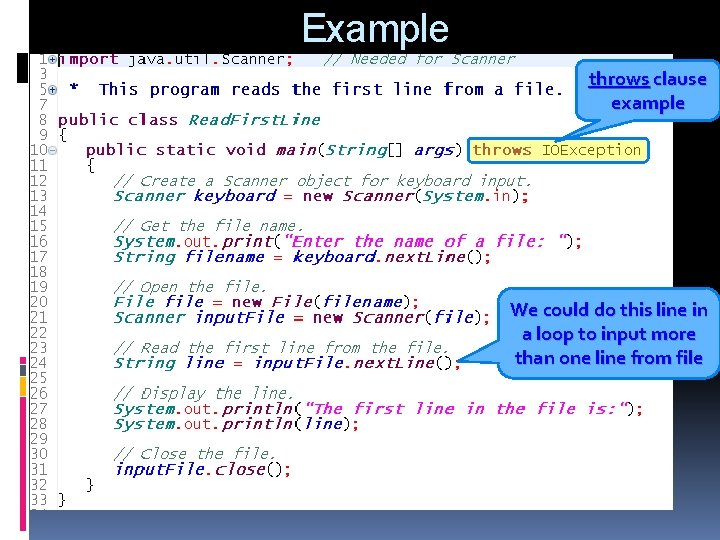 Example throws clause example We could do this line in a loop to input