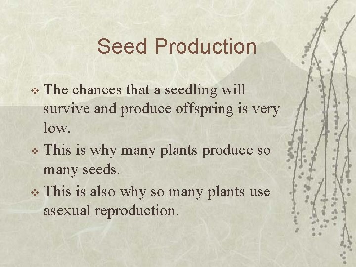 Seed Production The chances that a seedling will survive and produce offspring is very