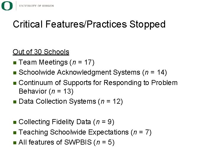 Critical Features/Practices Stopped Out of 30 Schools Team Meetings (n = 17) Schoolwide Acknowledgment