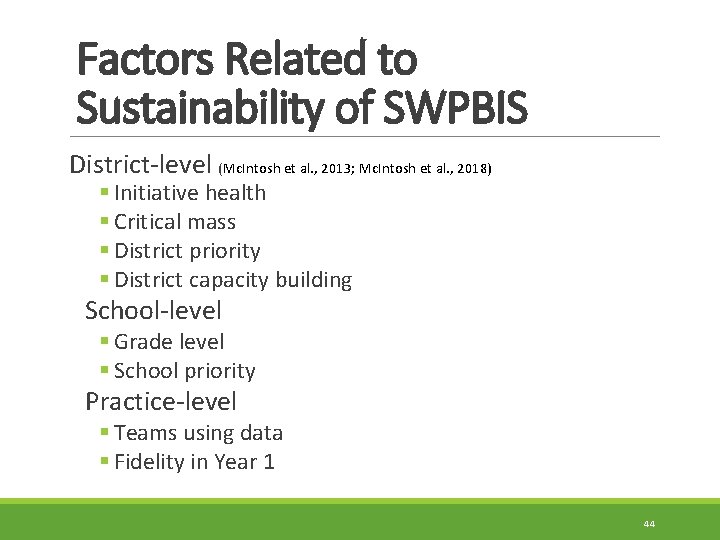 Factors Related to Sustainability of SWPBIS District-level (Mc. Intosh et al. , 2013; Mc.