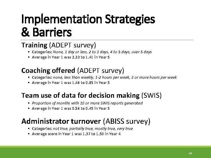 Implementation Strategies & Barriers Training (ADEPT survey) § Categories: None, 1 day or less,