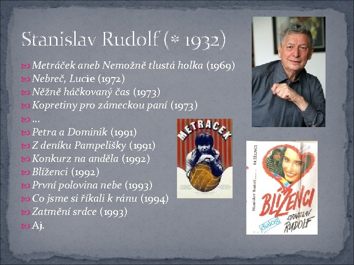 Stanislav Rudolf ( 1932) Metráček aneb Nemožně tlustá holka (1969) Nebreč, Lucie (1972) Něžně