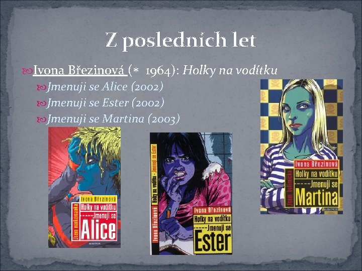 Z posledních let Ivona Březinová ( 1964): Holky na vodítku Jmenuji se Alice (2002)