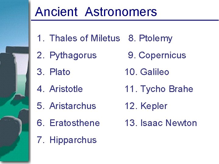 Ancient Astronomers 1. Thales of Miletus 8. Ptolemy 2. Pythagorus 9. Copernicus 3. Plato Ancient Astronomers 1. Thales of Miletus 8. Ptolemy 2. Pythagorus 9. Copernicus 3. Plato