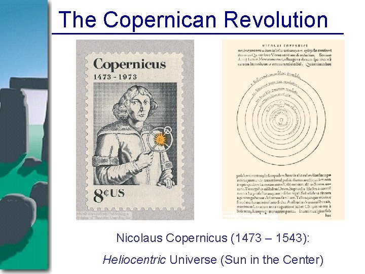 The Copernican Revolution Nicolaus Copernicus (1473 – 1543): Heliocentric Universe (Sun in the Center) The Copernican Revolution Nicolaus Copernicus (1473 – 1543): Heliocentric Universe (Sun in the Center)