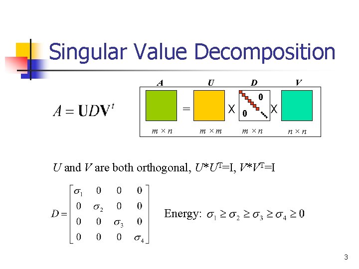 Singular Value Decomposition A U D V 0 X = m×n m×m 0 X