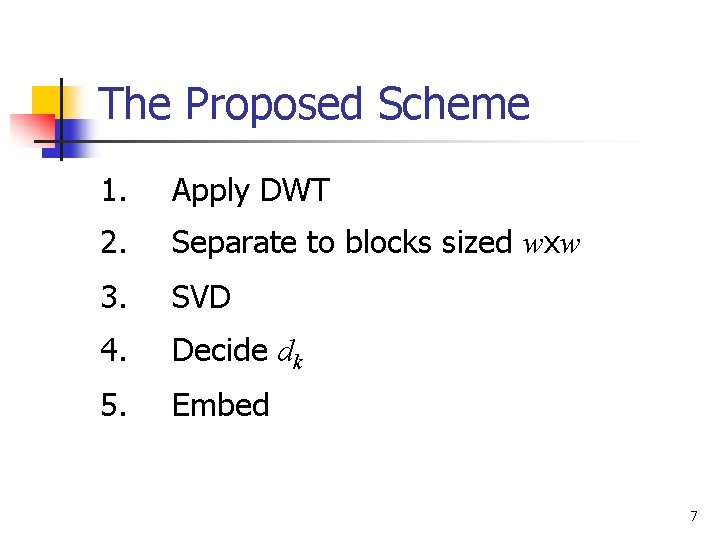 The Proposed Scheme 1. Apply DWT 2. Separate to blocks sized wxw 3. SVD