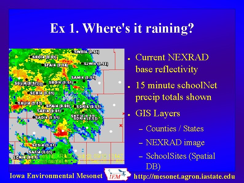 Ex 1. Where's it raining? ● ● ● Iowa Environmental Mesonet Current NEXRAD base