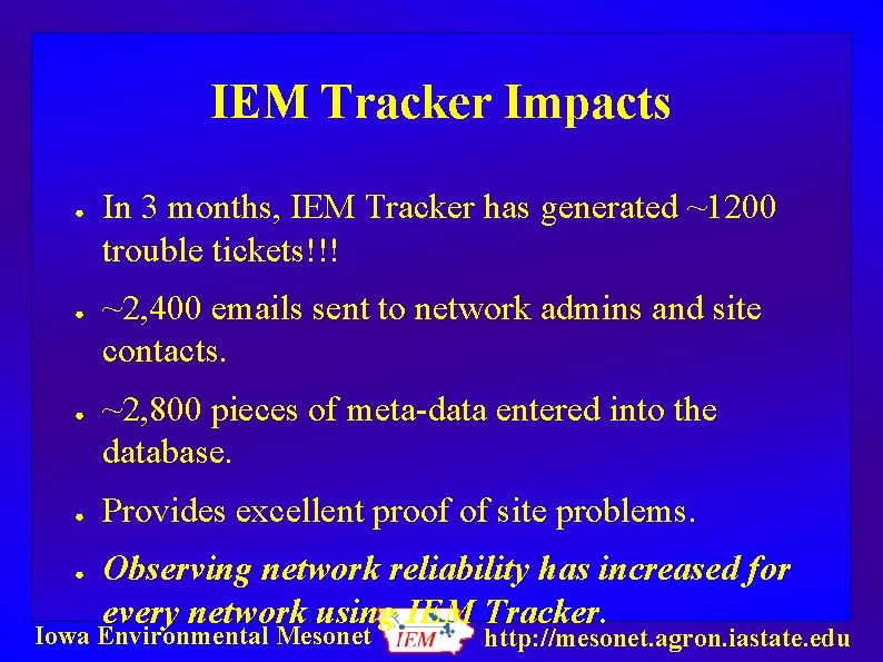 IEM Tracker Impacts ● ● ● In 3 months, IEM Tracker has generated ~1200