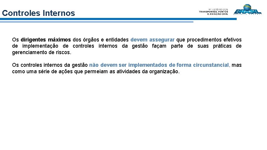 Controles Internos Os dirigentes máximos dos órgãos e entidades devem assegurar que procedimentos efetivos