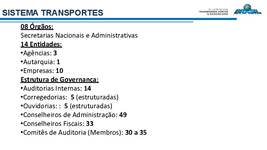 SISTEMA TRANSPORTES 08 Órgãos: Secretarias Nacionais e Administrativas 14 Entidades: • Agências: 3 •