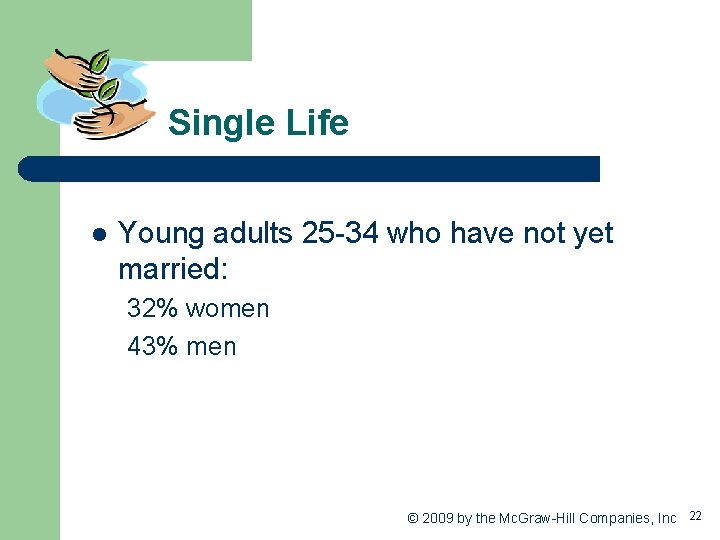 Single Life l Young adults 25 -34 who have not yet married: 32% women