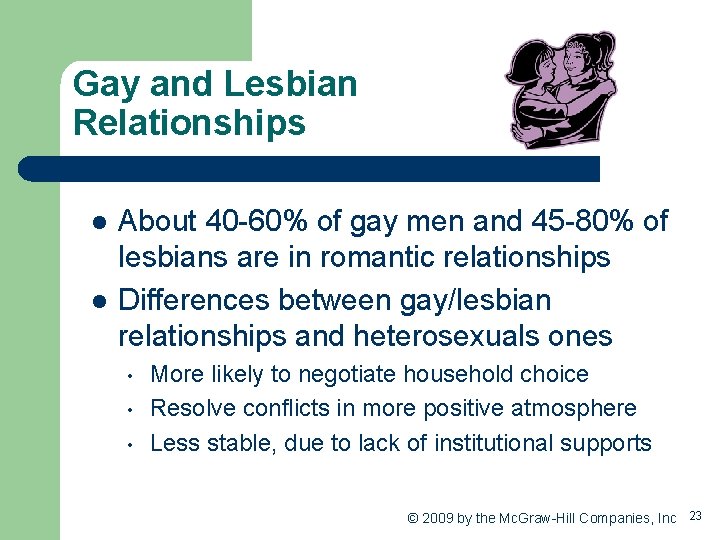 Gay and Lesbian Relationships l l About 40 -60% of gay men and 45