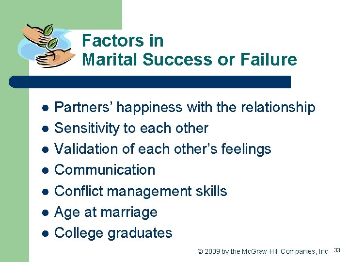 Factors in Marital Success or Failure l l l l Partners’ happiness with the
