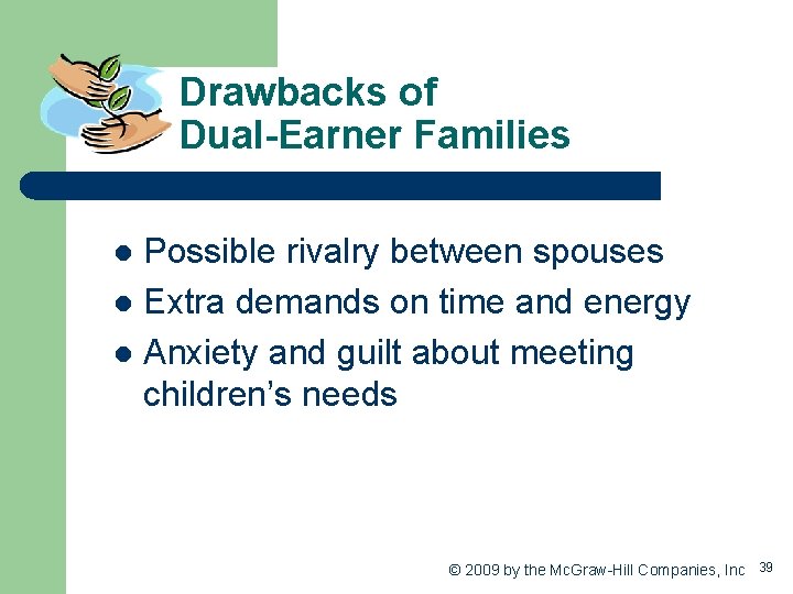 Drawbacks of Dual-Earner Families Possible rivalry between spouses l Extra demands on time and