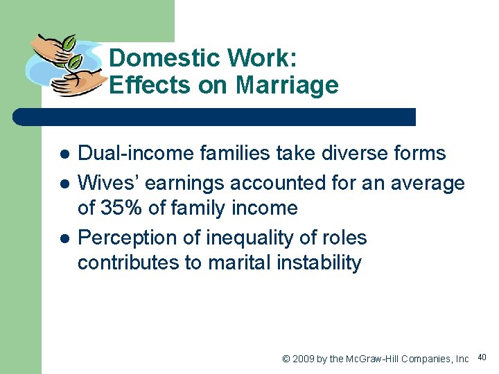 Domestic Work: Effects on Marriage l l l Dual-income families take diverse forms Wives’