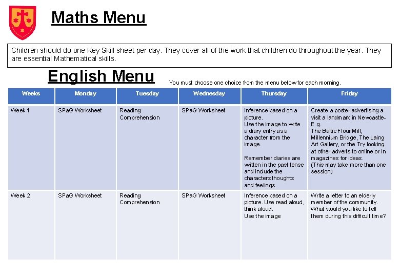 Maths Menu Children should do one Key Skill sheet per day. They cover all