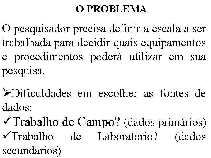 O PROBLEMA O pesquisador precisa definir a escala a ser trabalhada para decidir quais O PROBLEMA O pesquisador precisa definir a escala a ser trabalhada para decidir quais